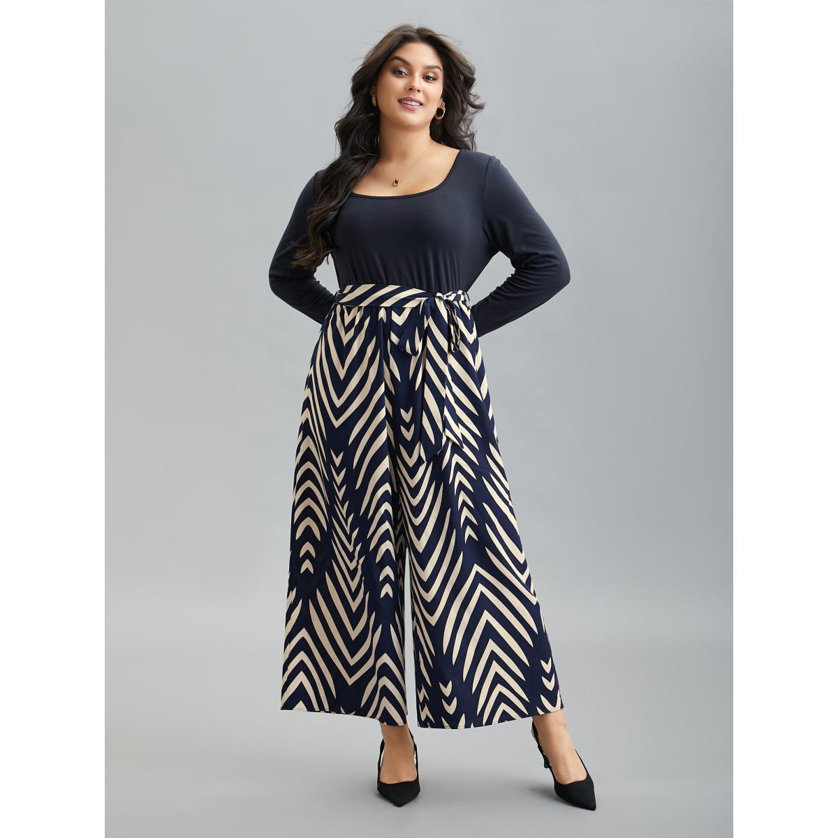 Plus Size DarkBlue Supersoft Geometric Block Stretchy-Waist Jumpsuit Women Elegant Long Sleeve Square Neck Everyday-Elegant Loose Jumpsuits BloomChic 28/5X Product Image