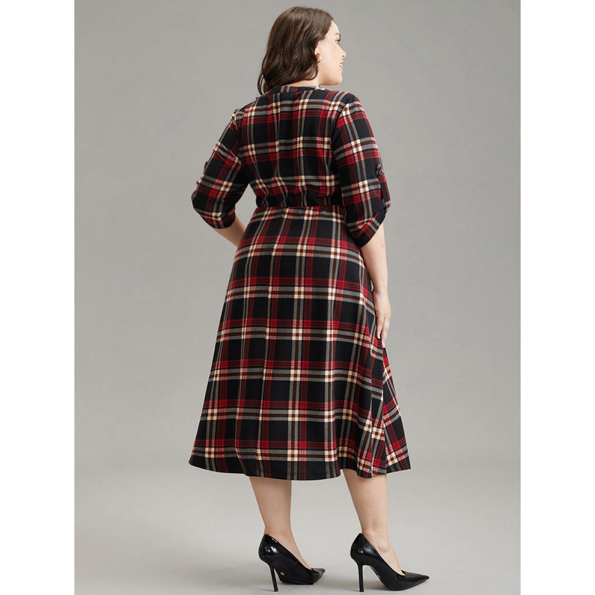 Plus Size Plaid Notched Elastic Waist Tab Sleeve Dress Raspberry Women Office Printed Notched collar Elbow-length sleeve Curvy Midi Dress BloomChic 12/L Product Image