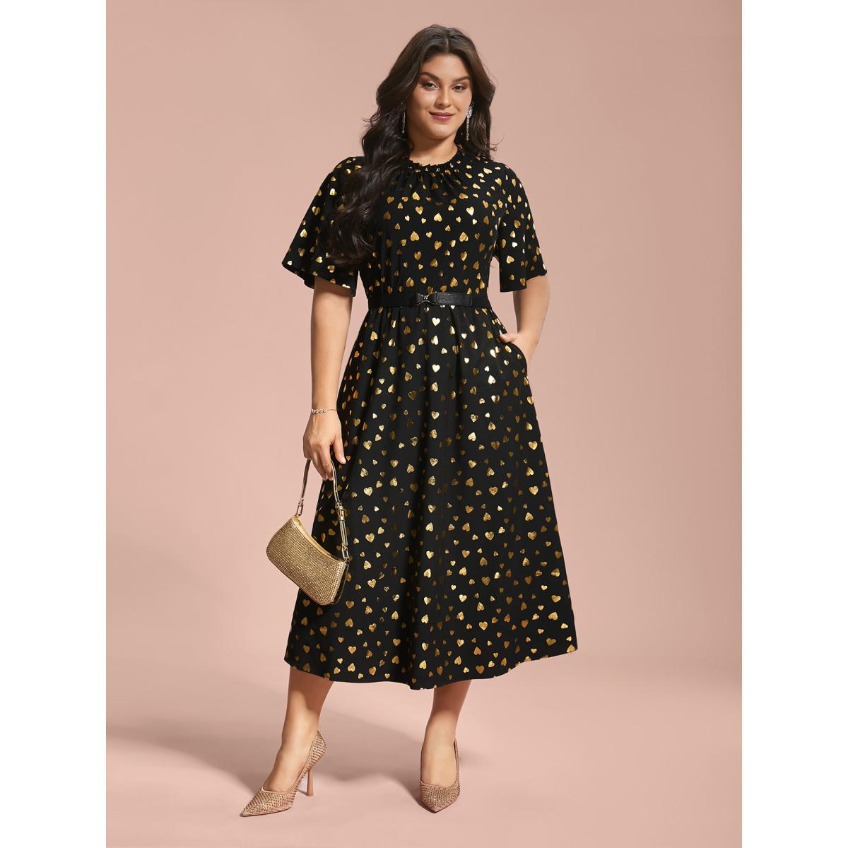 Plus Size Glitter Heart Print Stretchy Waist Dress BlackFlower Women Cocktail Texture Party Curvy Bloomchic 10/M Product Image