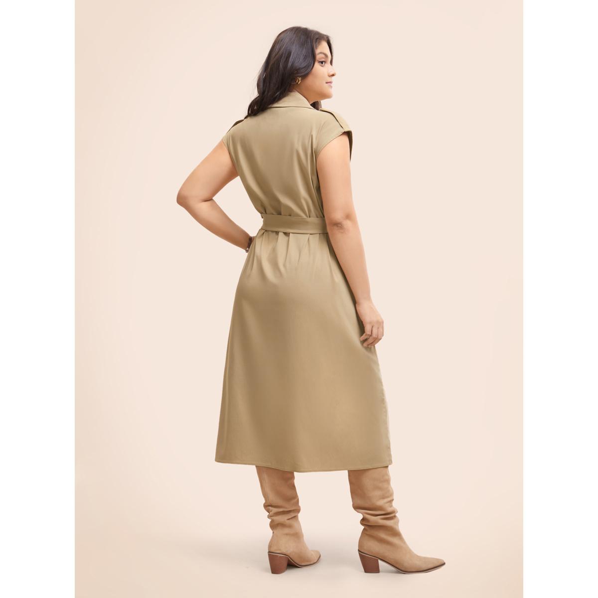 Plus Size Suit Collar Plain Belted Midi Dress Champagne Women At the Office Belted Suit Collar Sleeveless Curvy BloomChic 28/5X Product Image
