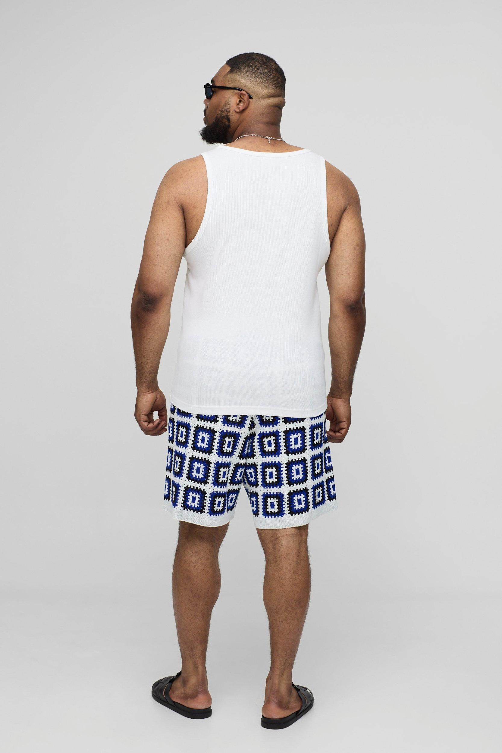 Plus Relaxed Crochet Knit Short In White | boohooMAN USA Product Image
