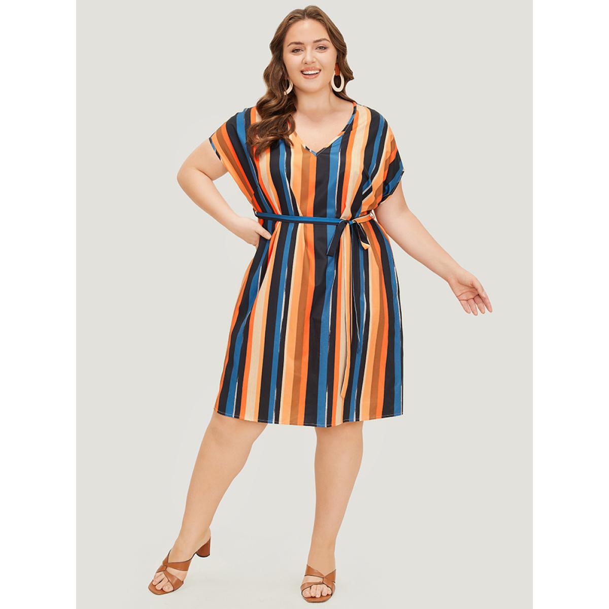 Plus Size Rainbow Striped Batwing Sleeve Pocket Belt Dress Multicolor Women Vacation Contrast V-neck Short sleeve Curvy Knee Dress BloomChic 30/6X Product Image