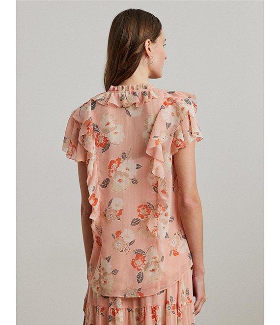 Lauren Ralph Lauren Floral Crinkle Georgette V-Neck Flutter Short Sleeve Blouse Product Image