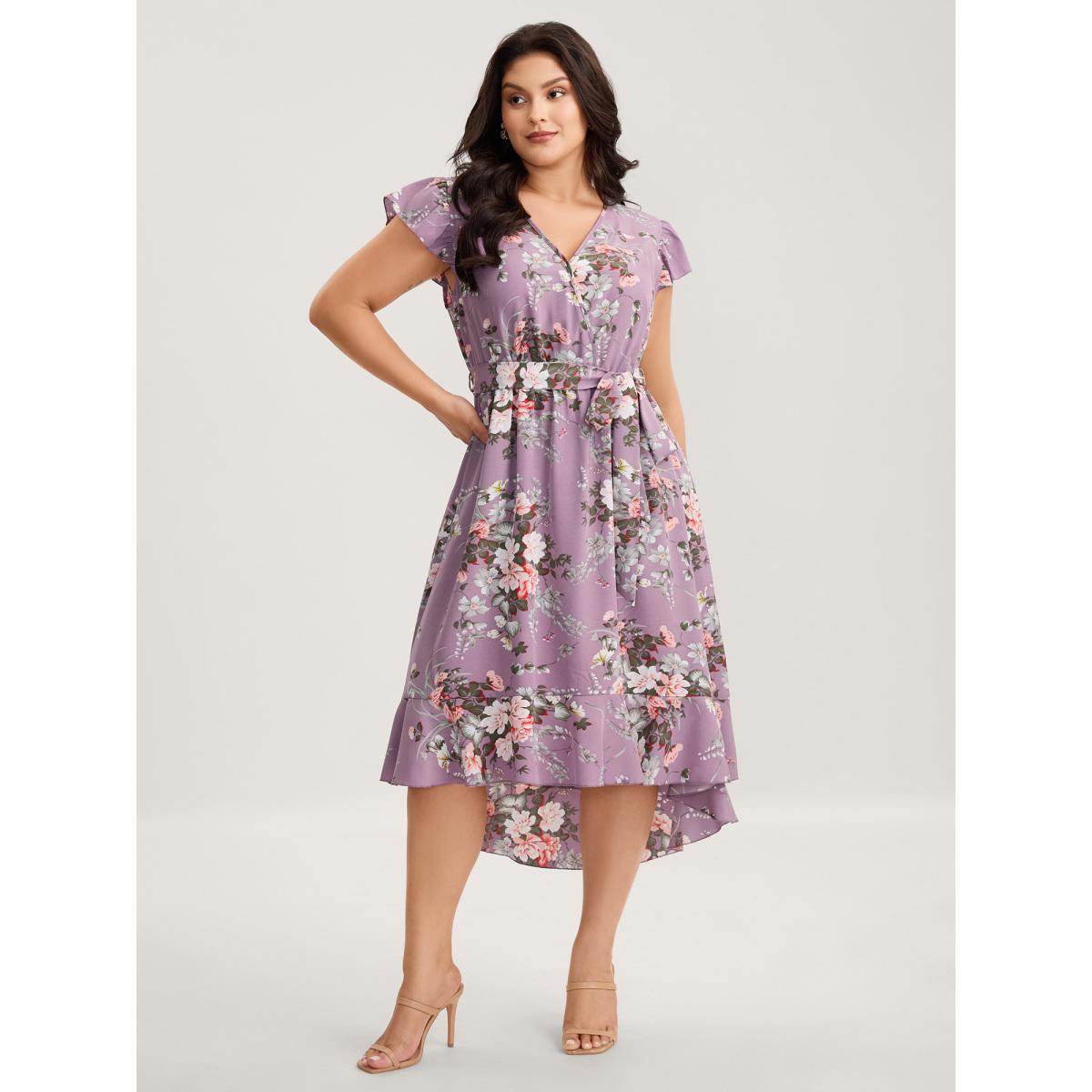 Plus Size Midnight Blooms Wrap A-Line Midi Dress Mauve Women Romantic Overlap Collar Cap Sleeve Curvy BloomChic 22-24/3X Product Image