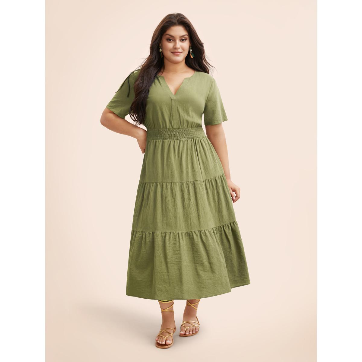 Plus Size Notched Shirred Ruffle Layered Hem Dress Olive Women Elegant Shirred Flat collar with V-notch Short sleeve Curvy BloomChic 28/5X Product Image
