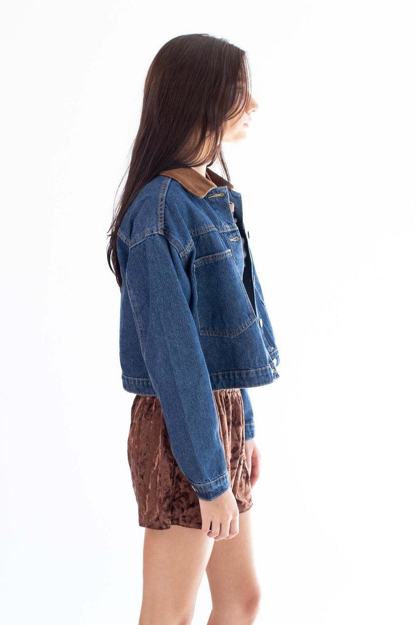 Corduroy Collar Dark Denim Jacket Product Image