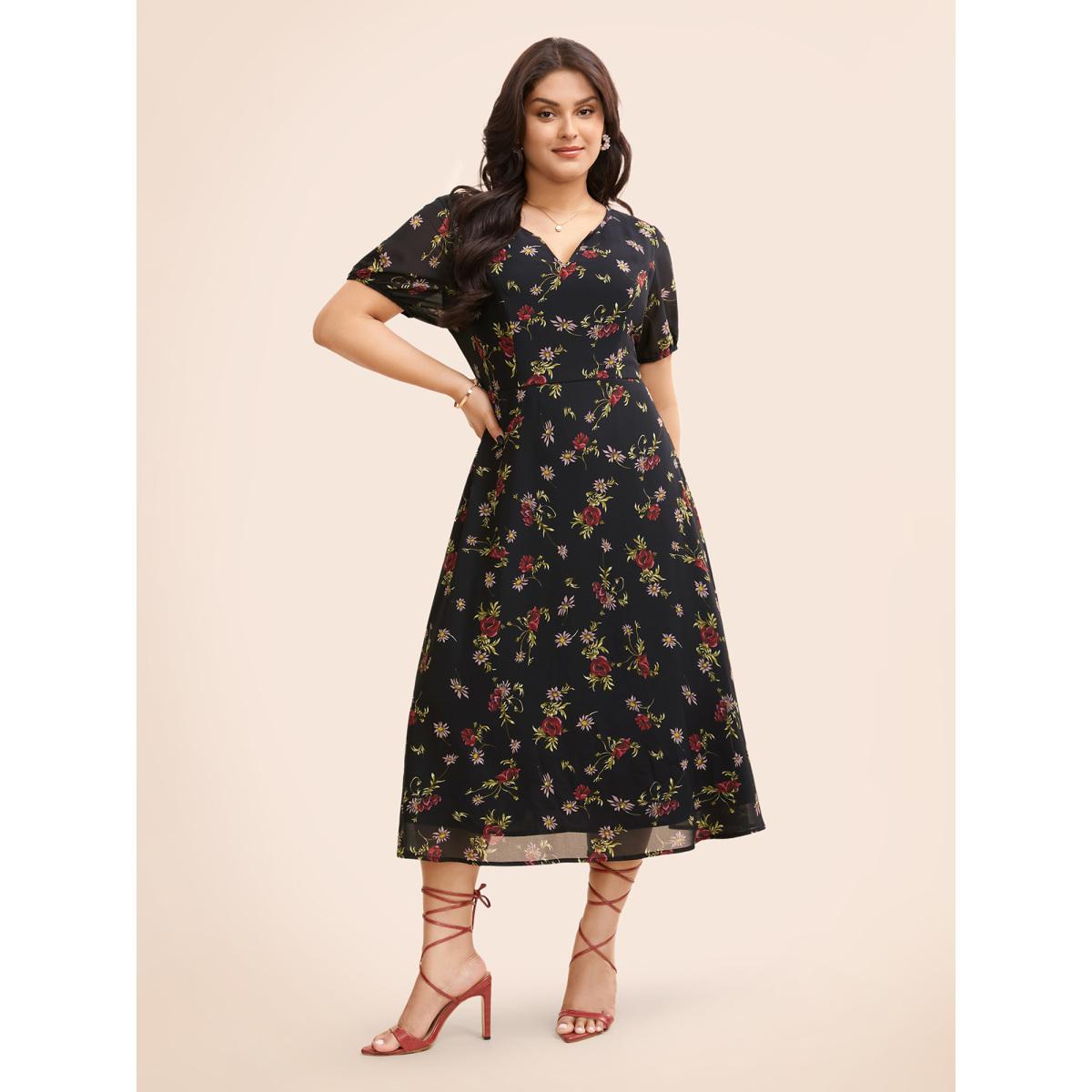 Plus Size Floral Notched Chiffon Mesh Midi Dress Black Women Timeless See through Notched collar Short sleeve Curvy BloomChic 28/5X Product Image