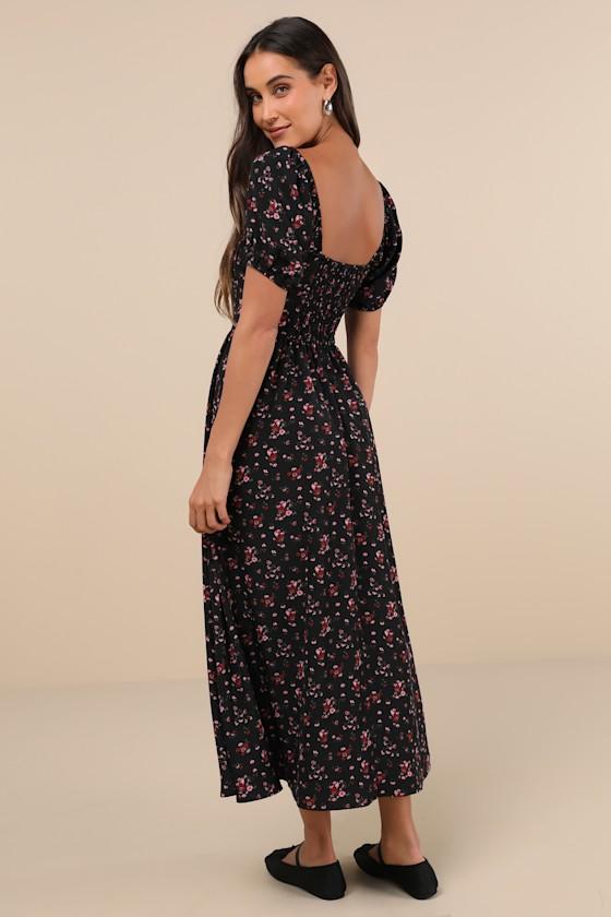 Lovely Reputation Black Floral Puff Sleeve Bustier Midi Dress Product Image