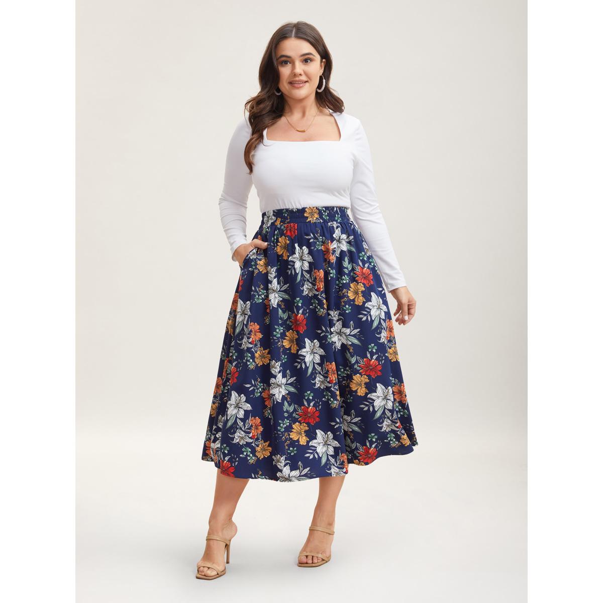 Plus Size Floral Print Drawstring Pleated Midi Skirt Women DarkBlue Elegant Bodycon Low stretch Slanted pocket Everyday Skirts BloomChic 14-16/1X Product Image