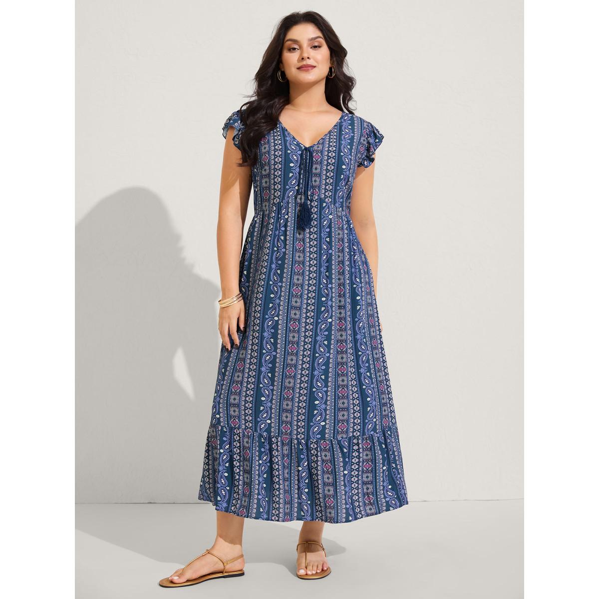 Plus Size Boho Stripes High Waisted Midi Dress DarkBlue Women Boho V-neck Sleeveless Curvy BloomChic 18-20/2X Product Image