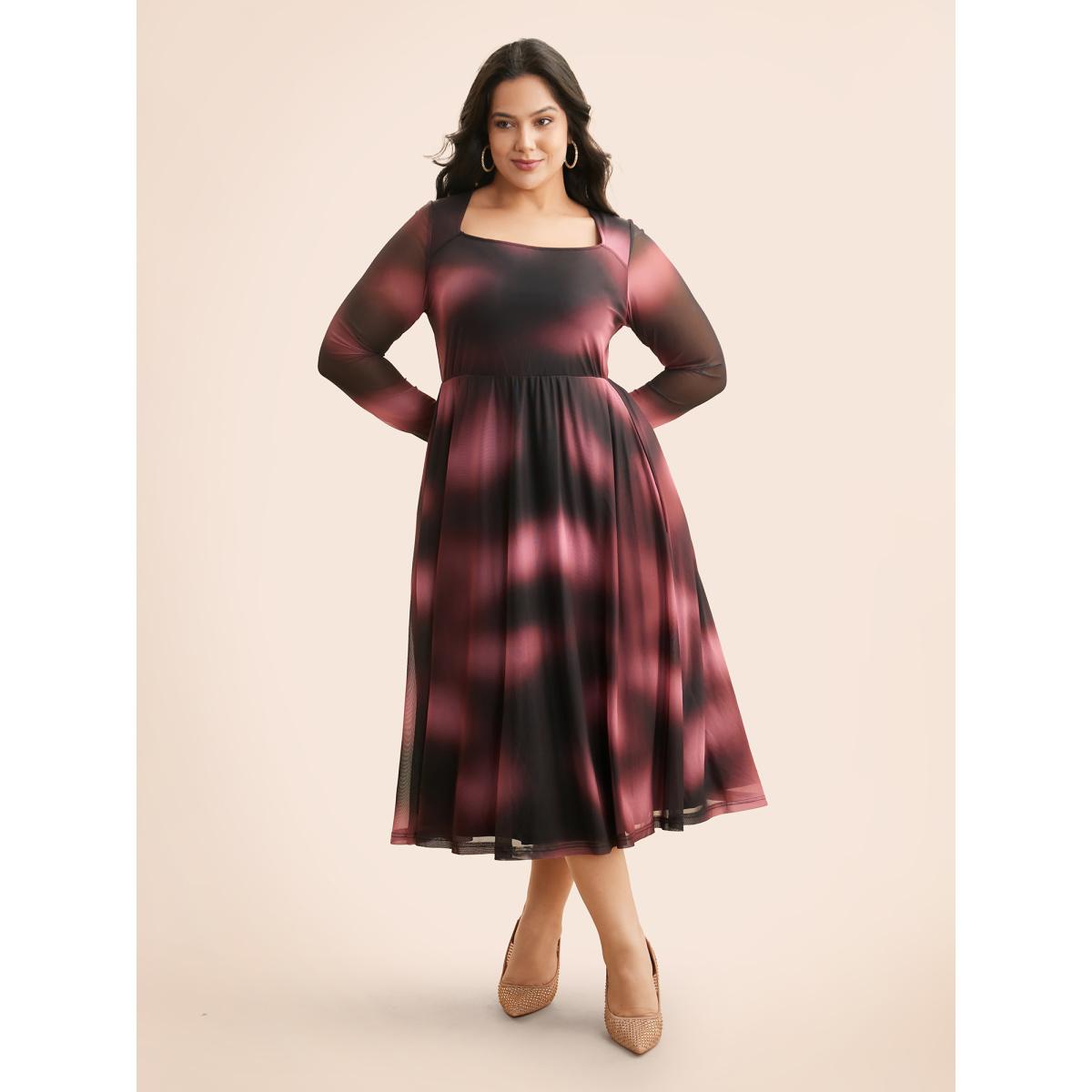 Plus Size Square Neck Gradient Dyeing Mesh Dress Eggplant Women Cocktail Texture Party Curvy Bloomchic 14-16/1X Product Image