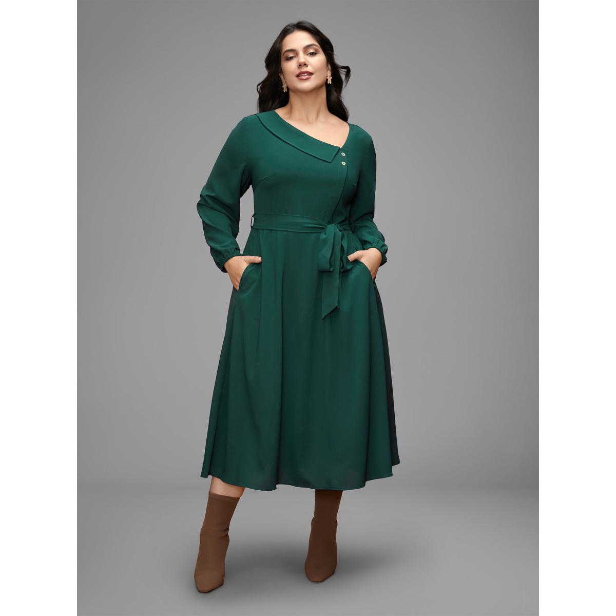 Plus Size Asymmetrical Neckline Waist-Tie Midi Dress DarkSlateGray Women Elegant Belted Party Curvy Bloomchic 26/4X Product Image