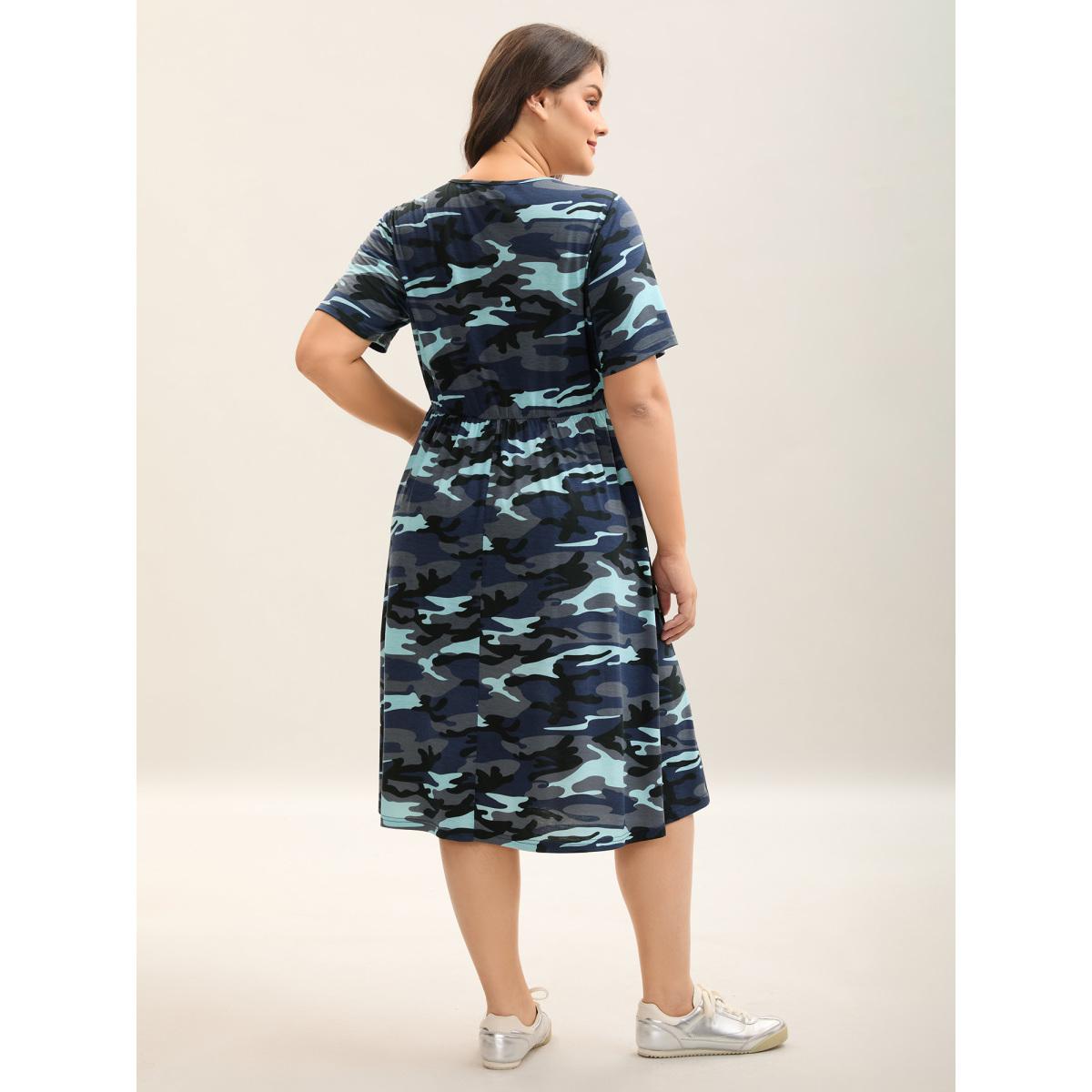 Plus Size Camouflage Print Round Neck Pockets Midi Dress Navy Women Leisure Tie knot Knit Dresses Bloomchic 22-24/3X Product Image