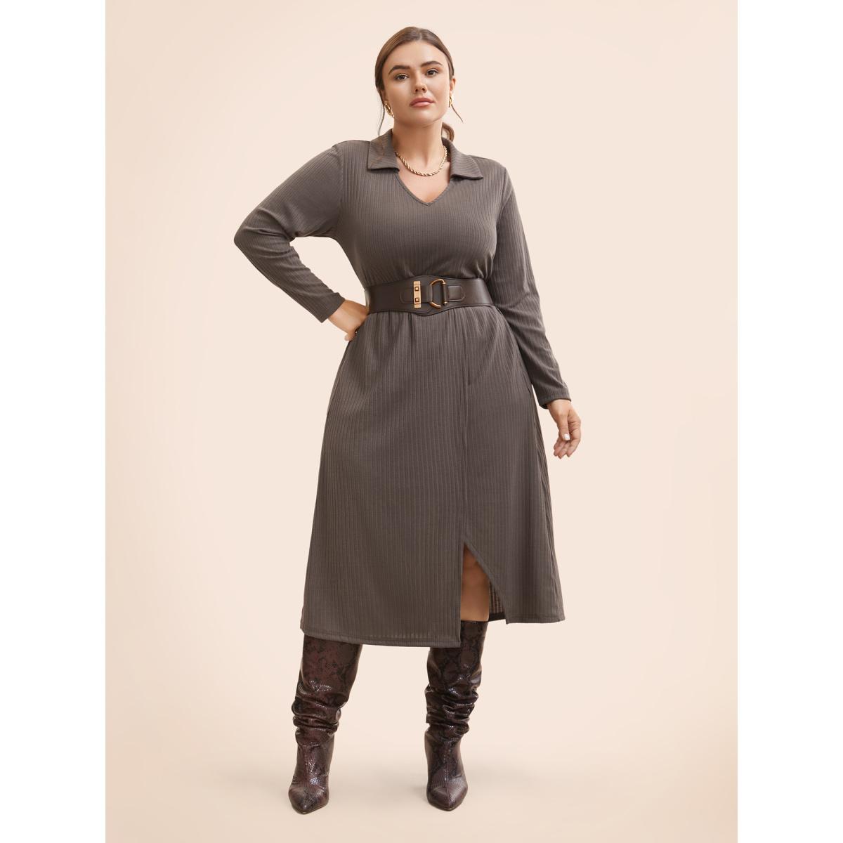 Plus Size Knitted Stretch Woven Wrap Midi Dress DimGray Women At the Office Texture Shirt collar Long Sleeve Curvy BloomChic 18-20/2X Product Image