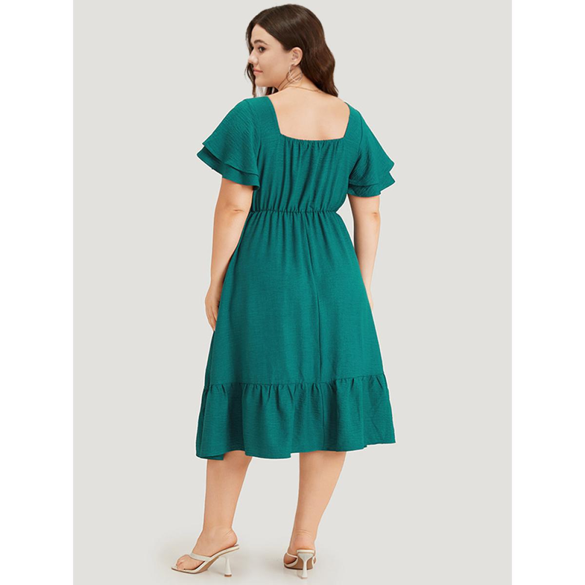 Plus Size Solid Drawstring Pocket Ruffle Trim Layered Dress Teal Women Elegant Gathered V-neck Short sleeve Curvy Midi Dress BloomChic 22-24/3X Product Image