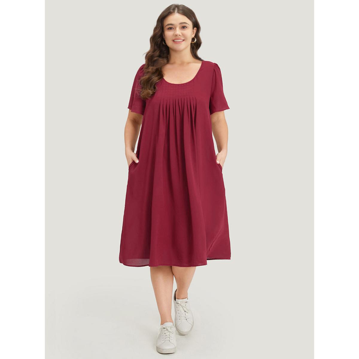 Plus Size Plain Plicated Detail Round Neck Ruffle Sleeve Dress Scarlet Women Casual Plain Round Neck Short sleeve Curvy Midi Dress BloomChic 18-20/2X Product Image