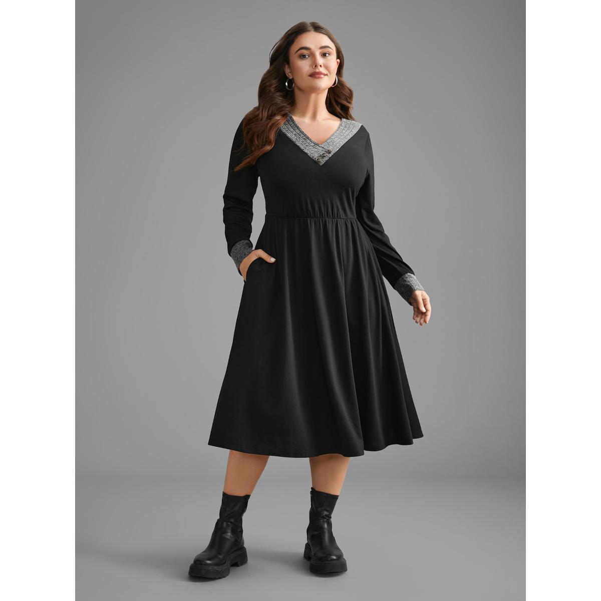 Plus Size Textured Patchwork Button Detail Midi Dress DimGray Women Casual Contrast V-neck Long Sleeve Curvy BloomChic 18-20/2X Product Image