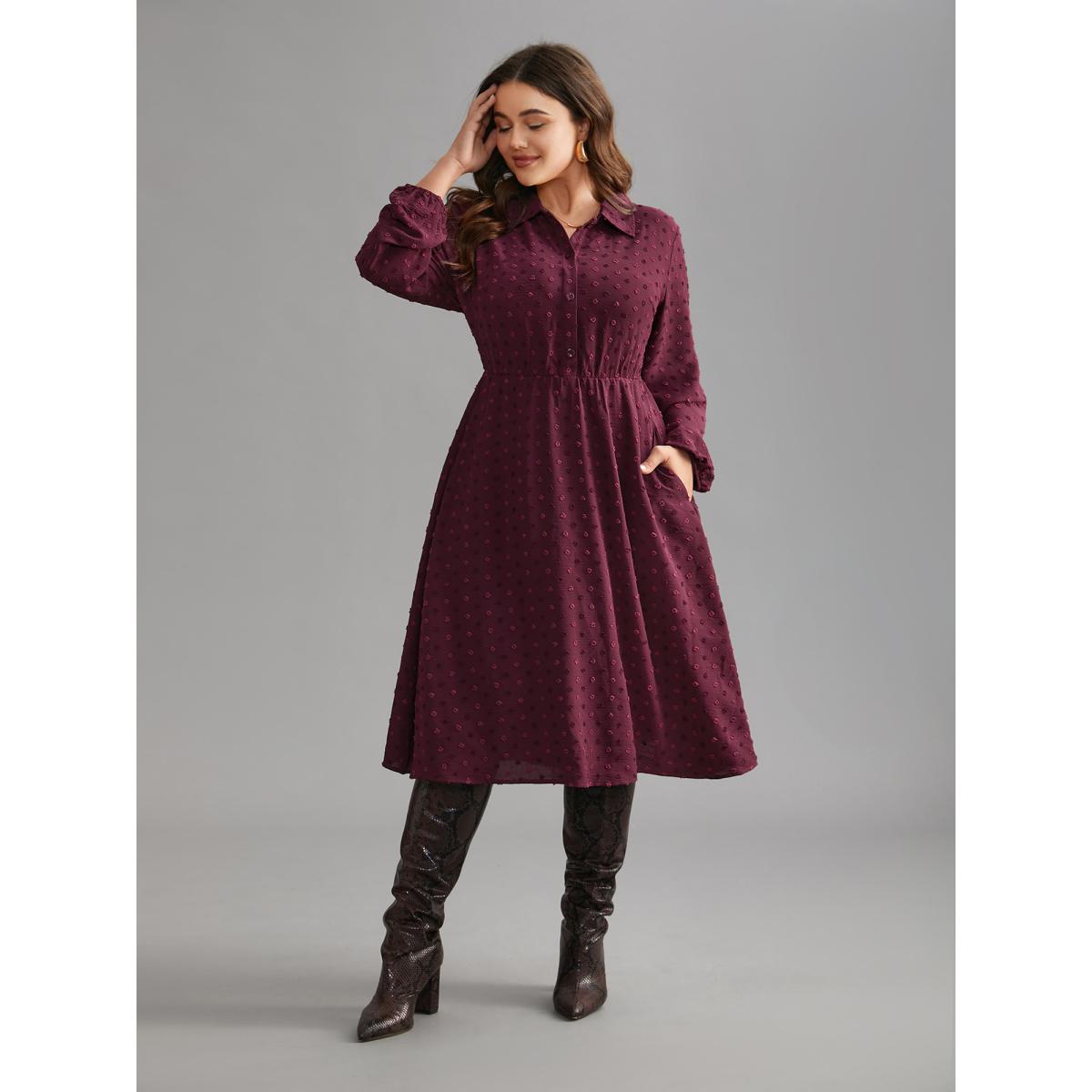 Plus Size Textured Shirt Collar Button Front Midi Dress Burgundy Women Elegant Texture Shirt collar Long Sleeve Curvy BloomChic 14-16/1X Product Image