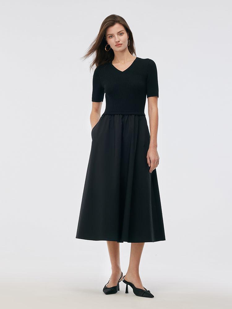 Tencel V-Neck Patchwork Women Midi Dress Product Image