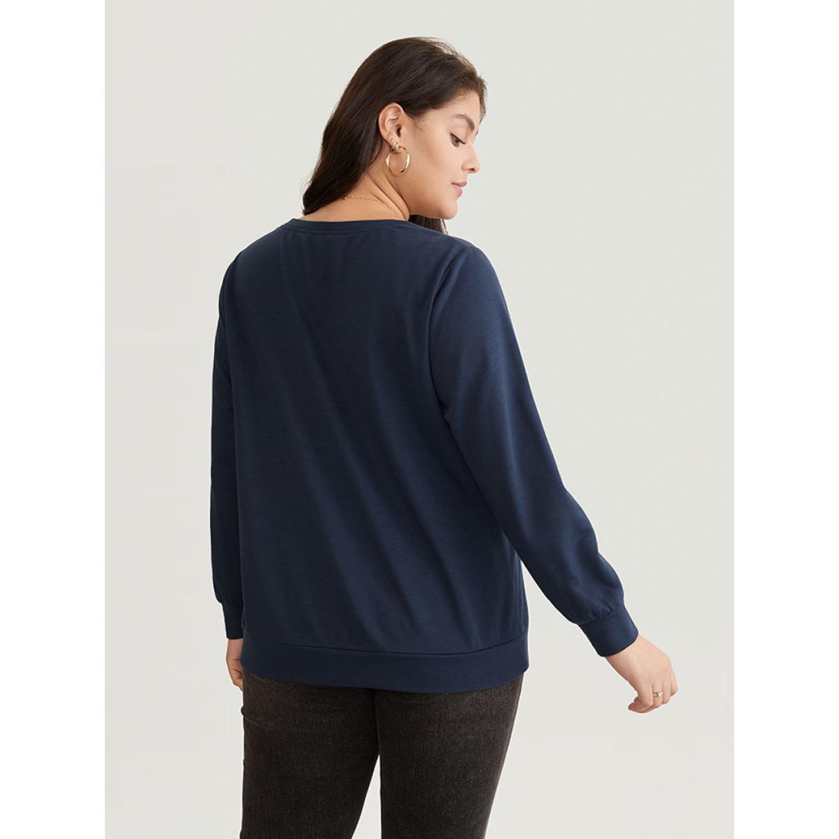 Plus Size Solid Heart Sequin V Neck Sweatshirt Women Indigo Elegant Sequin V-neck Dailywear Sweatshirts BloomChic 12/L Product Image