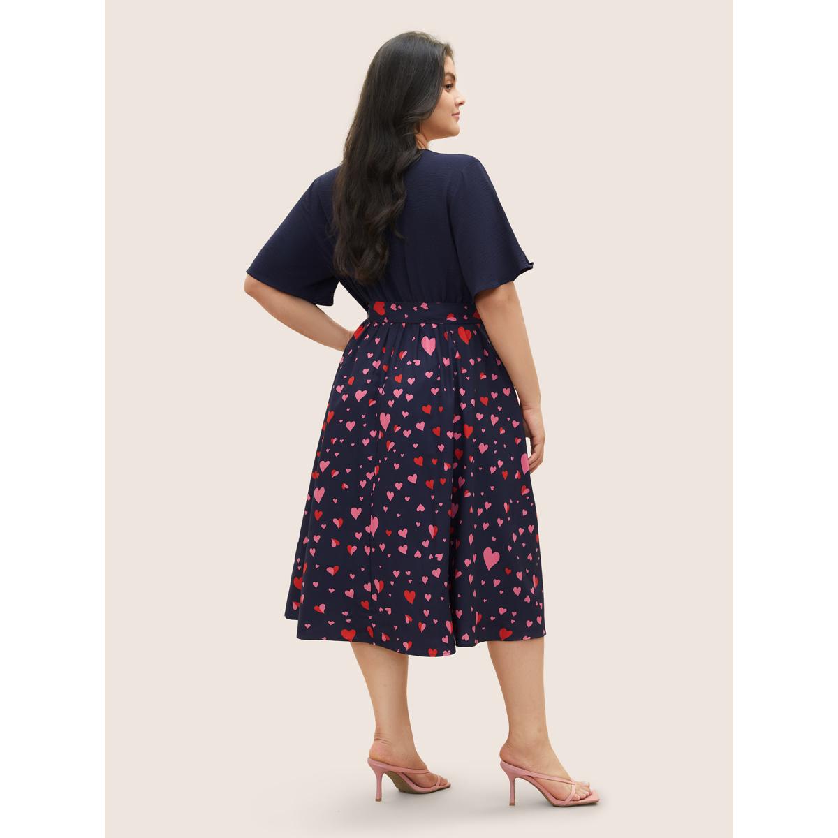 Plus Size Heart Print Patchwork Belted Wrap Dress DarkBlue Women Elegant Wrap Overlap Collar Half Sleeve Curvy Midi Dress BloomChic 30/6X Product Image