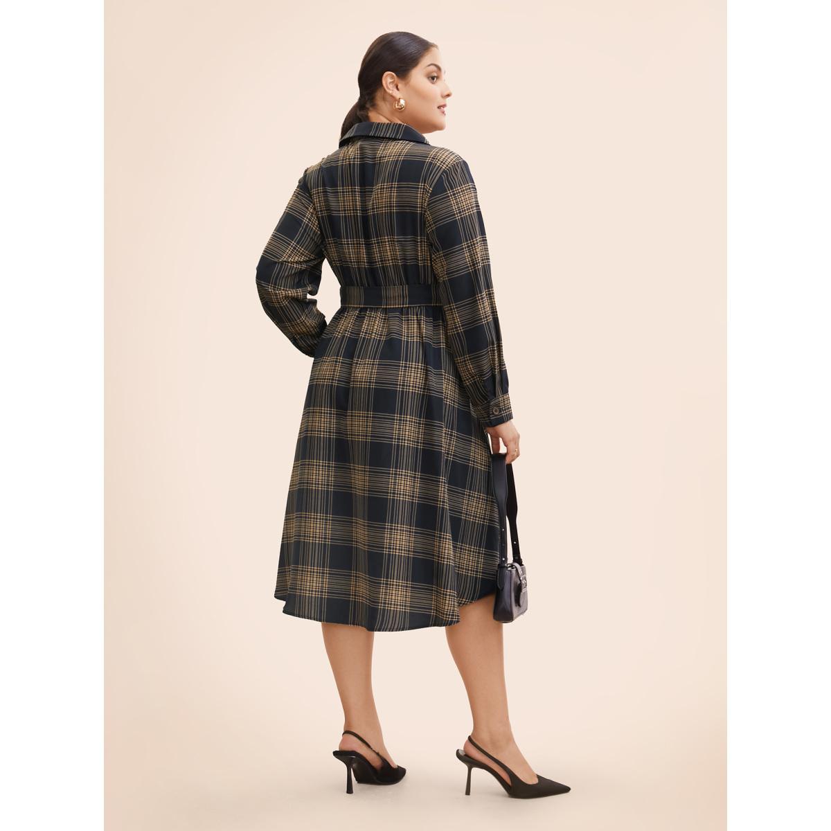 Plus Size Plaid Shirt Collar Belted Midi Dress Indigo Women At the Office Belted Shirt collar Long Sleeve Curvy BloomChic 28/5X Product Image