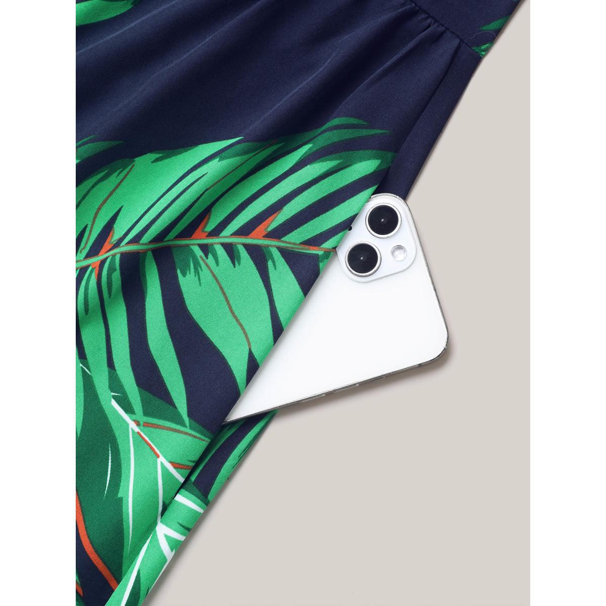 Plus Size Tropical Leaf Print Surplice Neck Midi Dress DarkBlue Women Resort Overlapping Overlap Collar Short sleeve Curvy BloomChic 22-24/3X Product Image