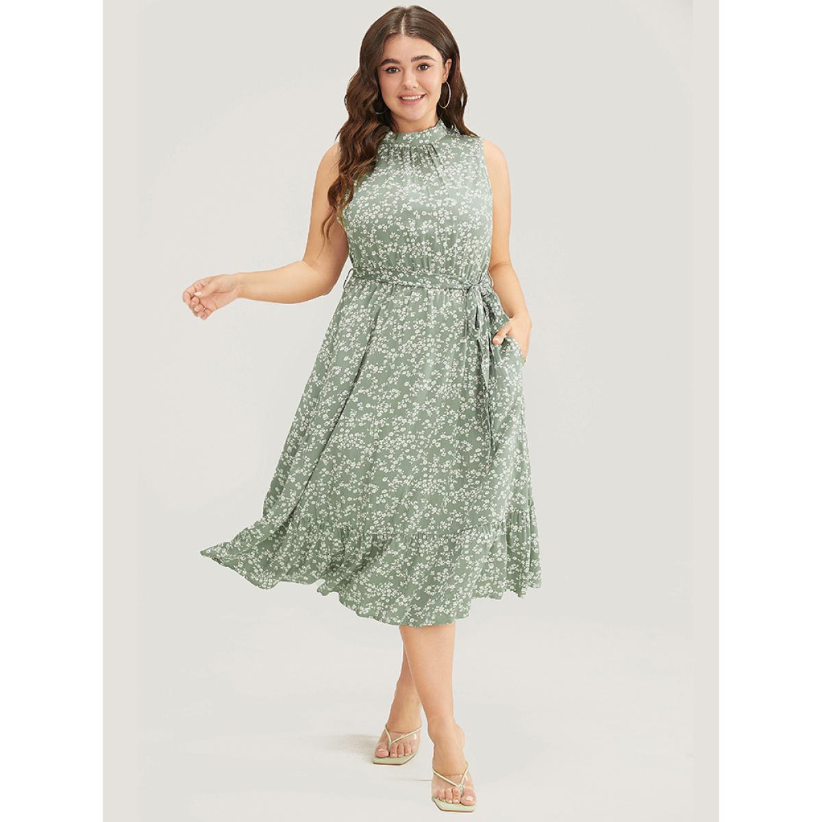 Plus Size Ditsy Floral Keyhole Pocket Belted Mock Neck Ruffles Dress Sage Women Elegant Pocket Mock Neck Sleeveless Curvy Midi Dress BloomChic 30/6X Product Image