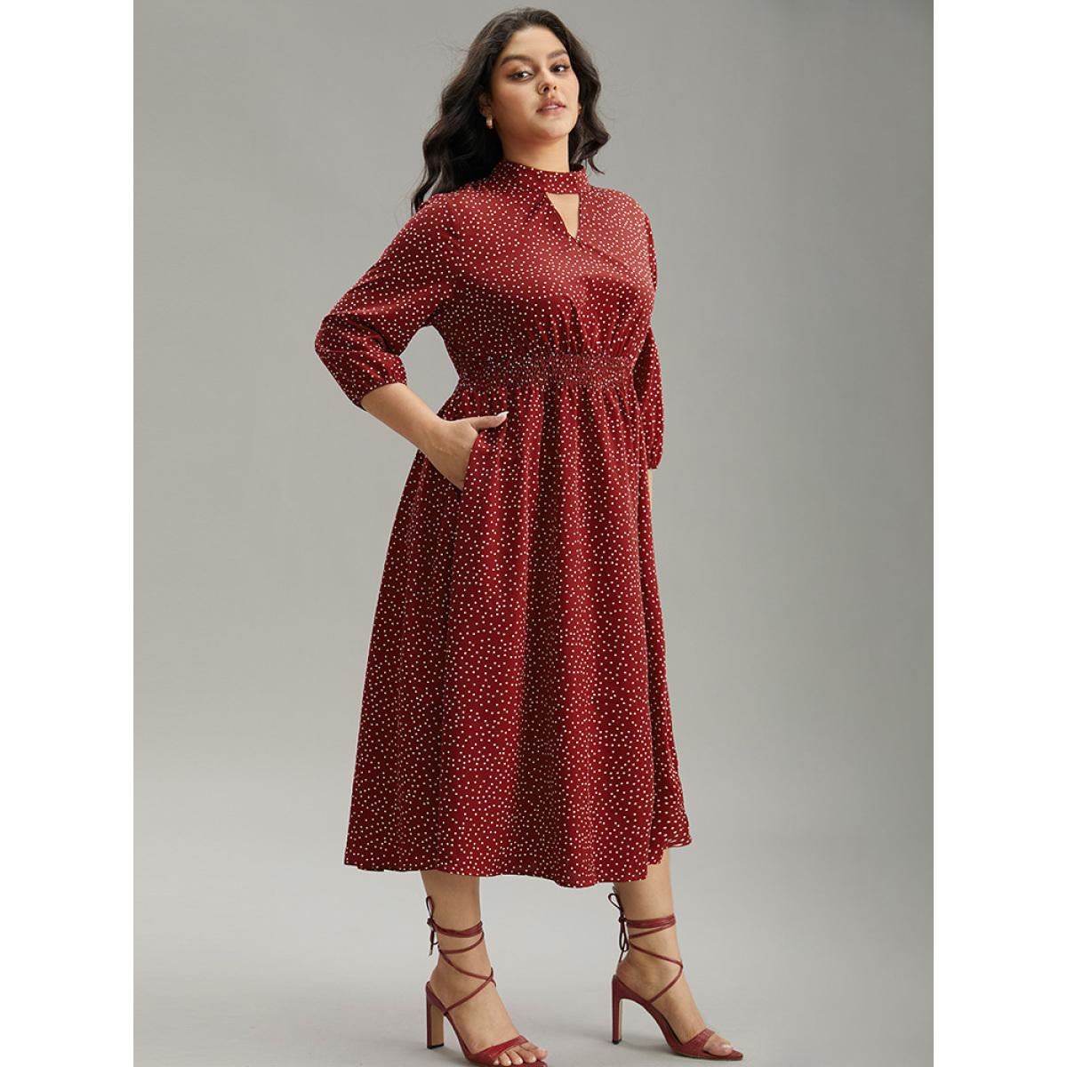 Plus Size Polka Dot Keyhole Pocket Mock Neck Dress Scarlet Women Elegant Elastic cuffs Mock Neck Elbow-length sleeve Curvy Midi Dress BloomChic 22-24/3X Product Image