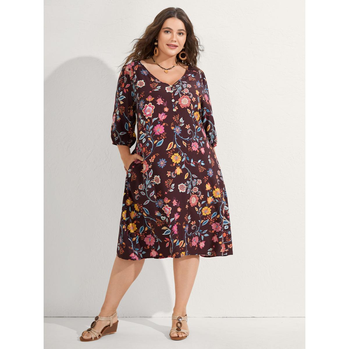 Plus Size Rayon Boho Floral Placket Midi Dress Deeppurplered Women V-neck Elbow-length sleeve Curvy BloomChic 26/4X Product Image