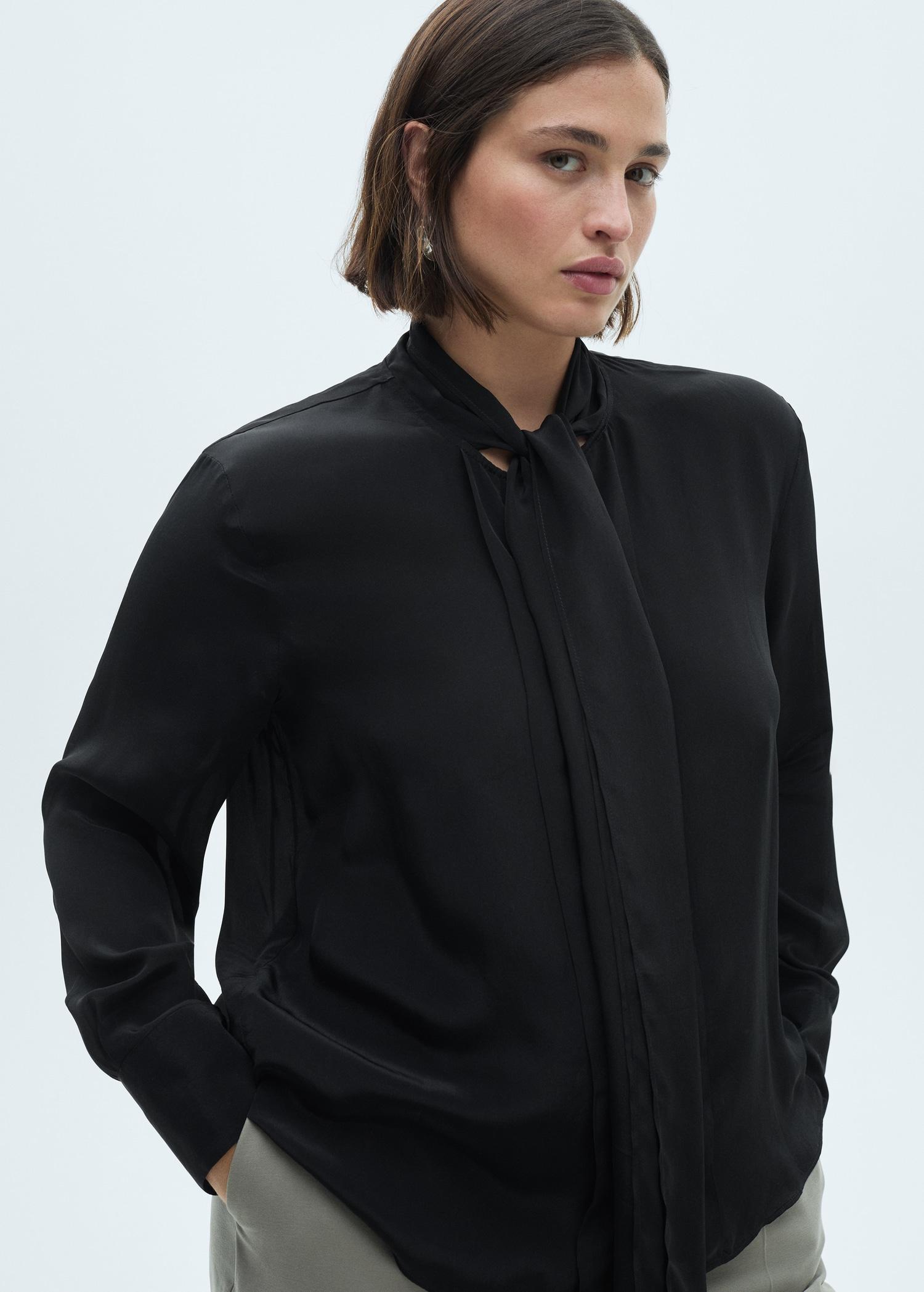Satin shirt with bow - Women | MANGO USA Product Image