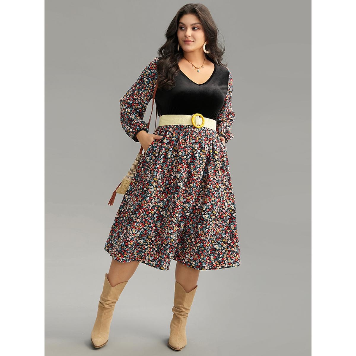 Plus Size Ditsy Floral Velvet Patchwork Lantern Sleeve Dress Multicolor Women Vacation Elastic cuffs V-neck Long Sleeve Curvy Midi Dress BloomChic 12/L Product Image