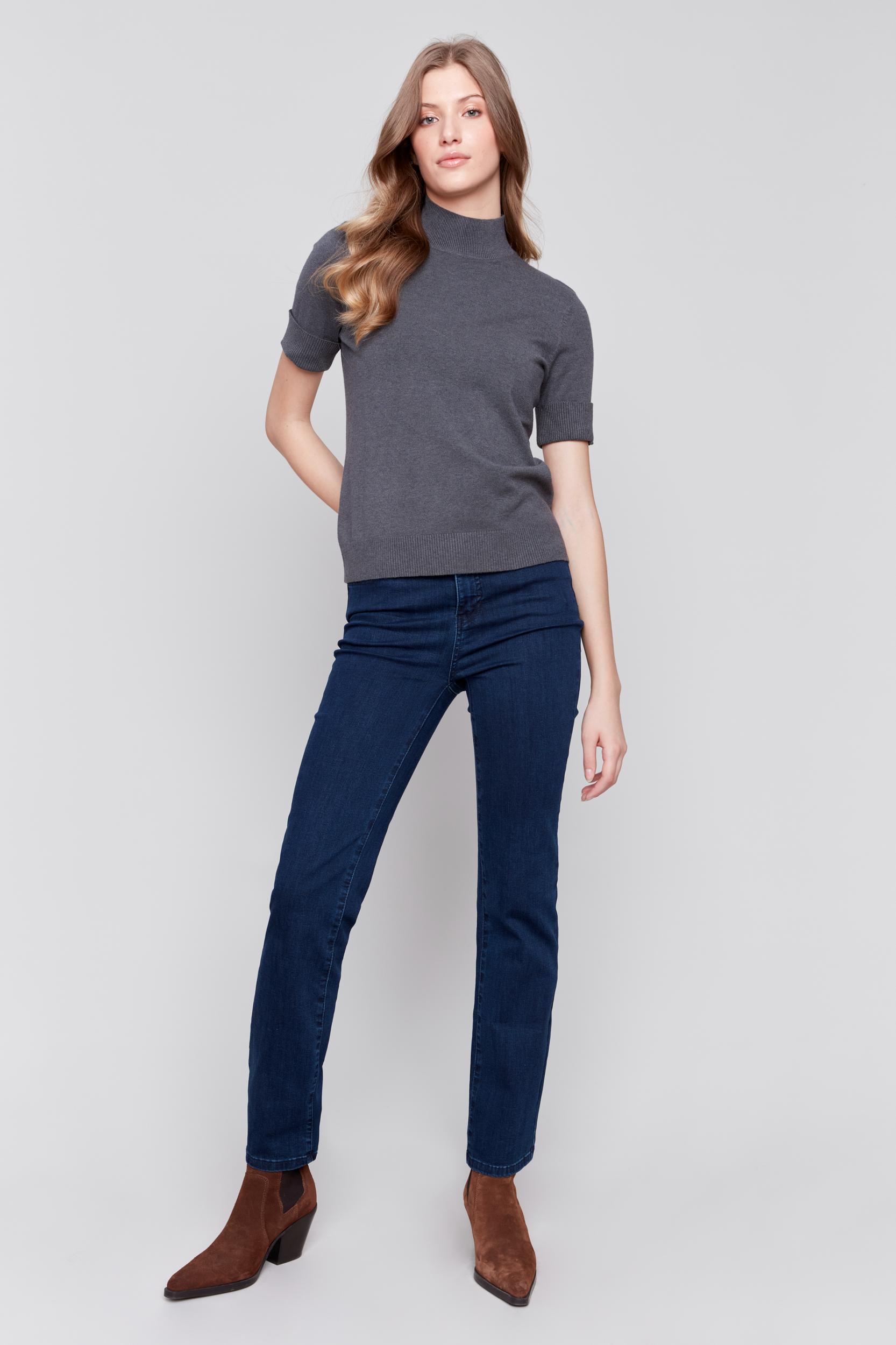 Mock Neck Short Sleeve Light Weight Sweater Product Image