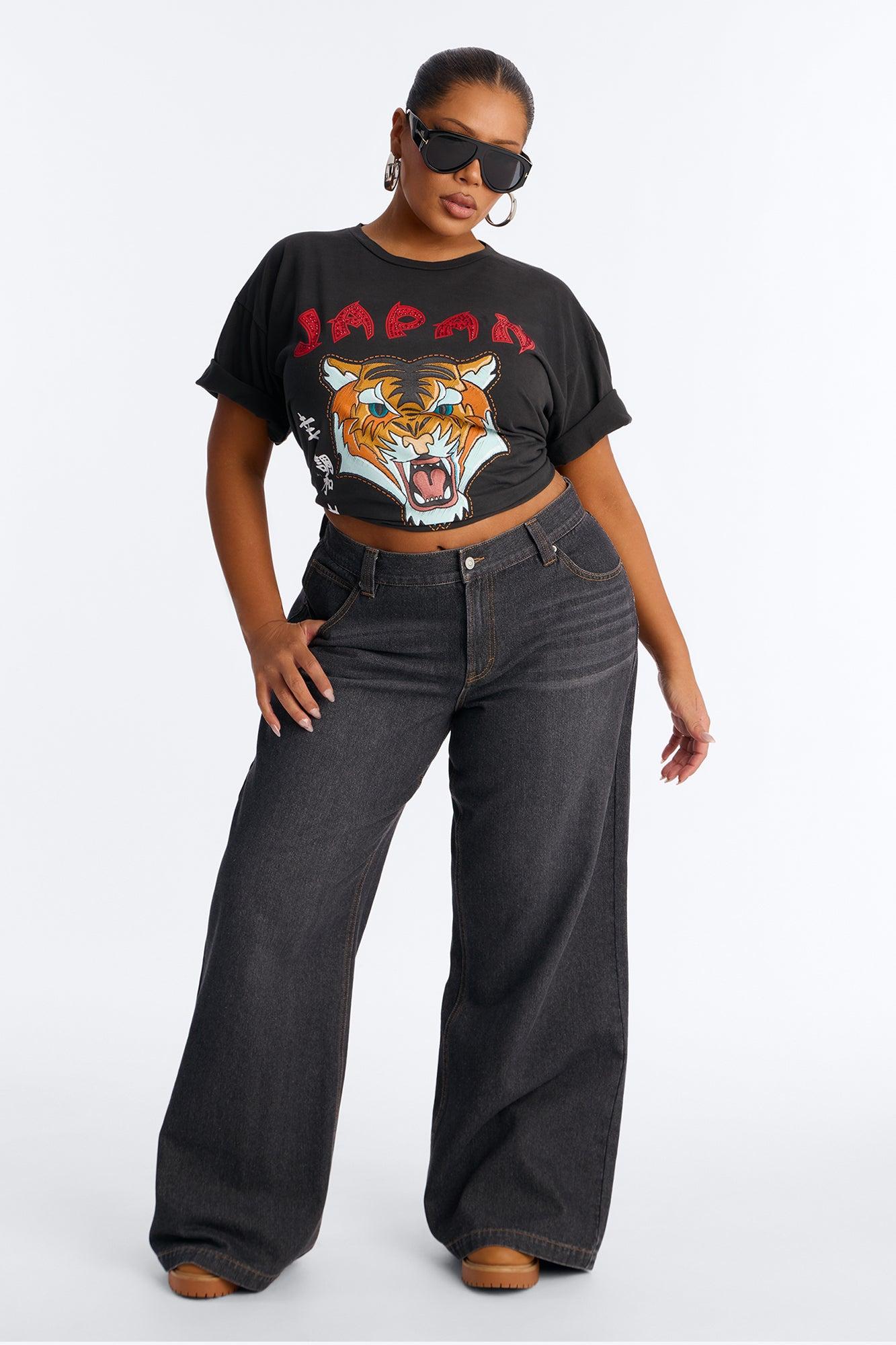 Japan Rhinestone Washed Tiger Tee - Black Wash Female Product Image