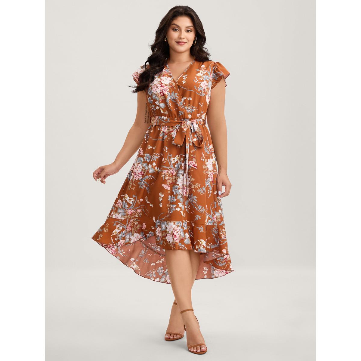 Plus Size Midnight Blooms Wrap A-Line Midi Dress Russet Women Romantic Overlap Collar Cap Sleeve Curvy BloomChic 30/6X Product Image