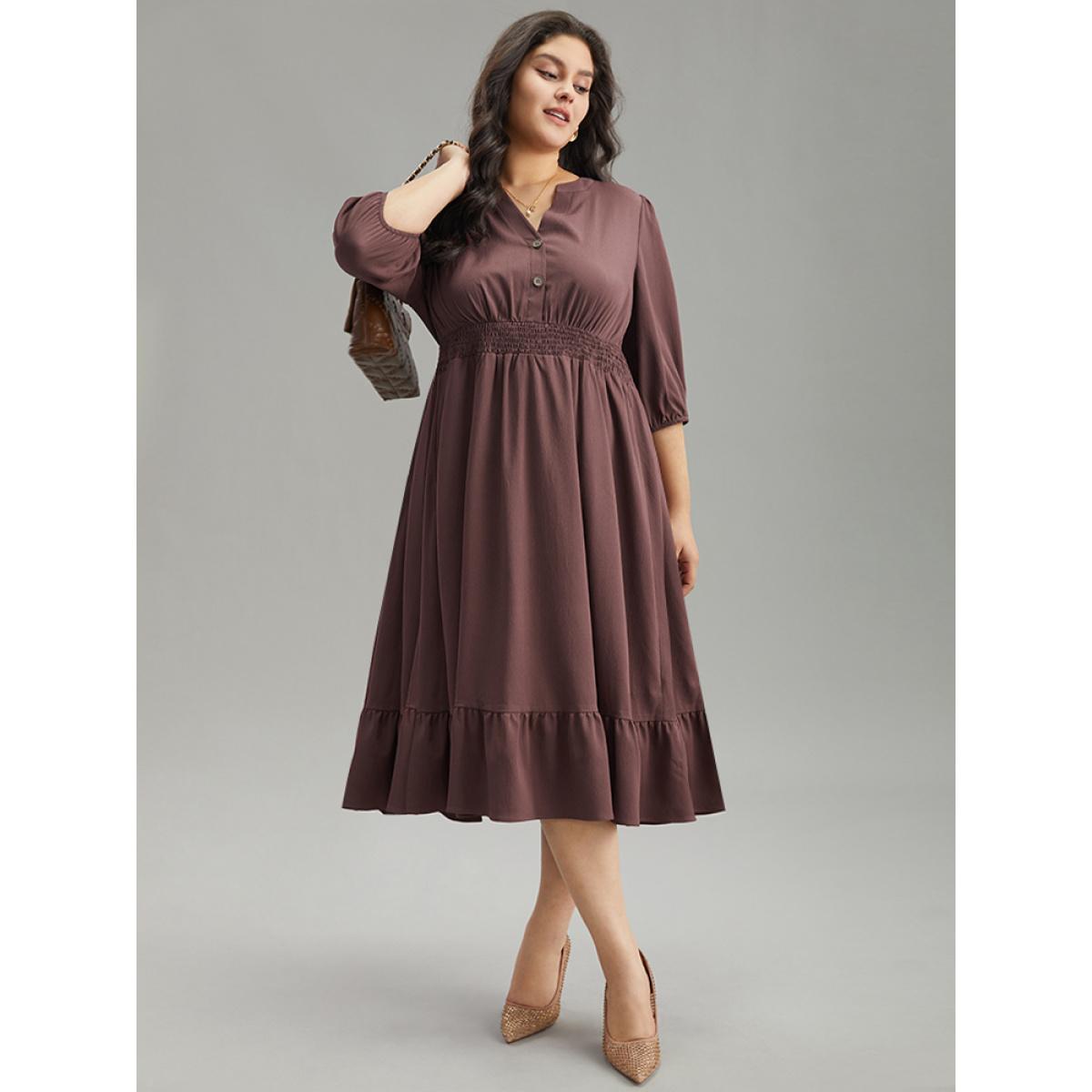 Plus Size Solid Notched Lantern Sleeve Shirred Dress Eggplant Women Office Elastic cuffs Notched collar Elbow-length sleeve Curvy Midi Dress BloomChic 10/M Product Image