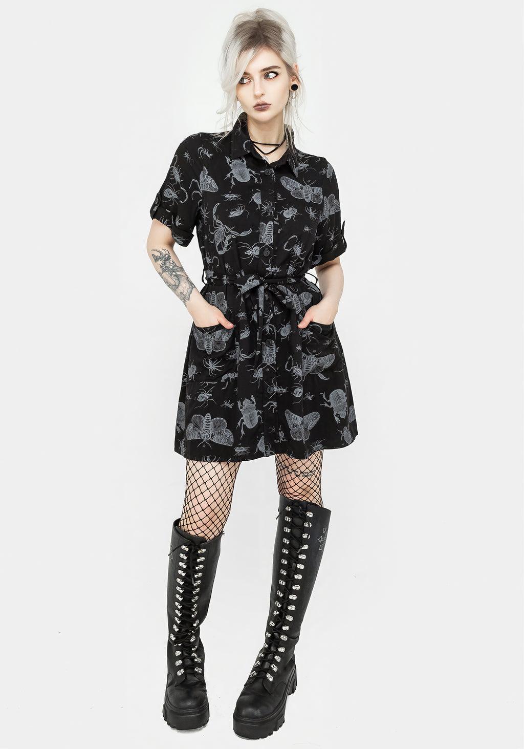 Parasite Bugs Short Sleeve Mini Shirt Dress - Black Product Image