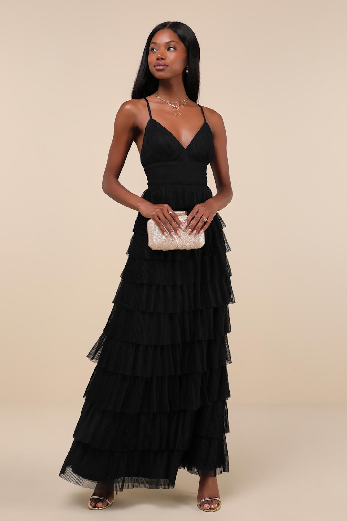 Radiant Event Black Mesh Tiered Pleated Backless Maxi Dress Product Image