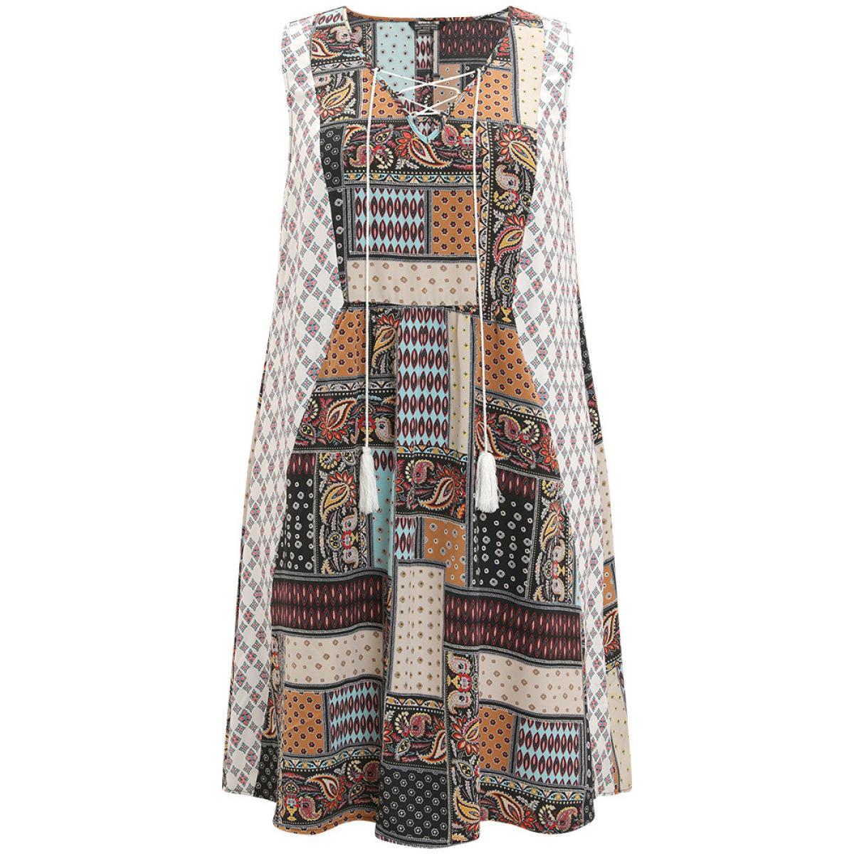 Plus Size Boho Print Lace Up Ruffle Hem Tank Dress Multicolor Women Vacation Contrast V-neck Sleeveless Curvy Knee Dress BloomChic 22-24/3X Product Image