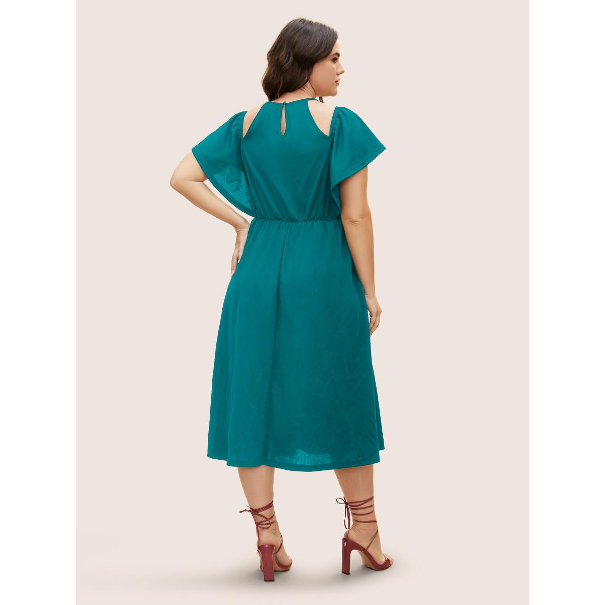 Plus Size Cold Shoulder Flutter Sleeve Midi Dress Teal Women At the Office Gathered Round Neck Short sleeve Curvy BloomChic 26/4X Product Image