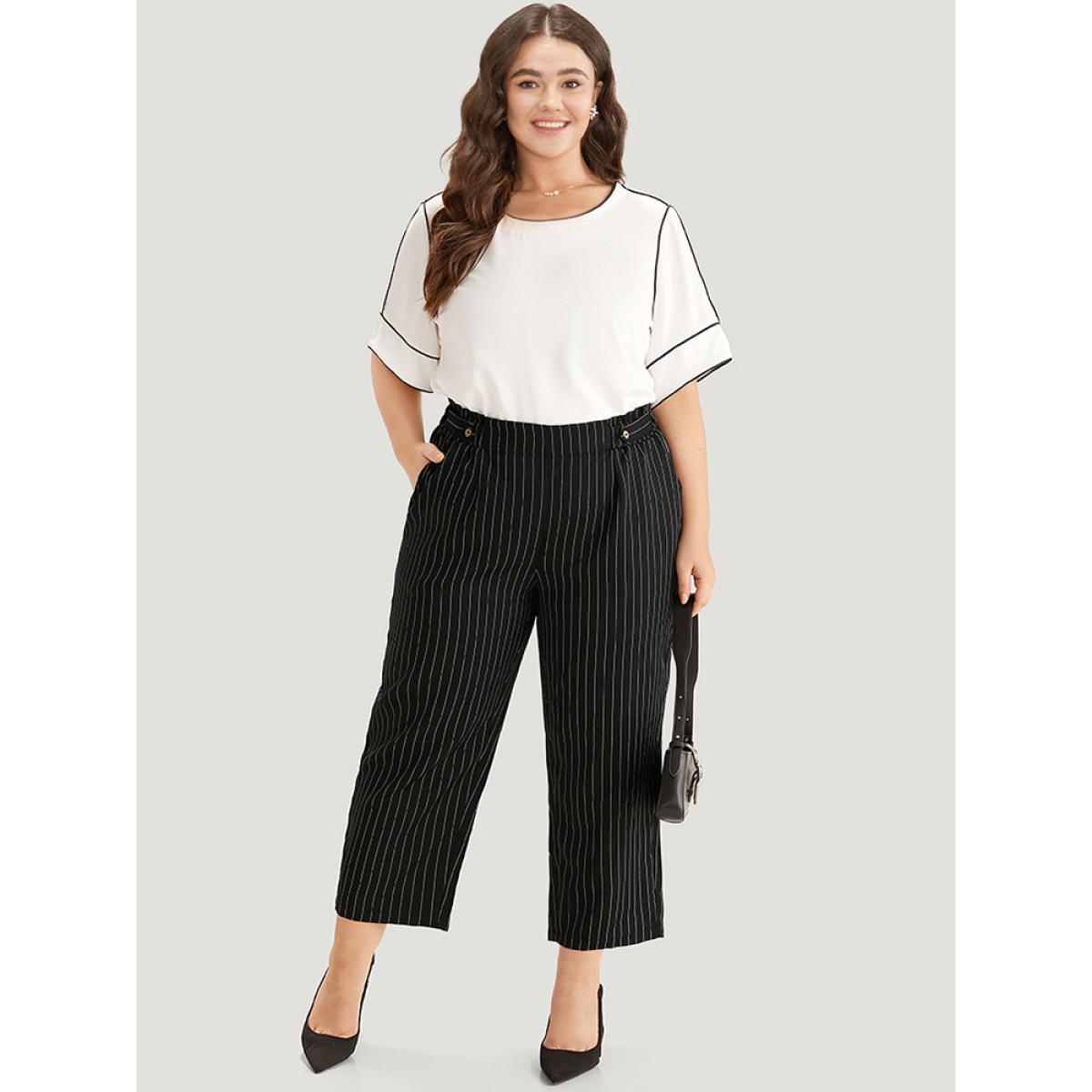 Plus Size Striped Button Detail Pocket Pleated Pants Women Black Office Straight Leg High Rise Office Pants BloomChic 30/6X Product Image