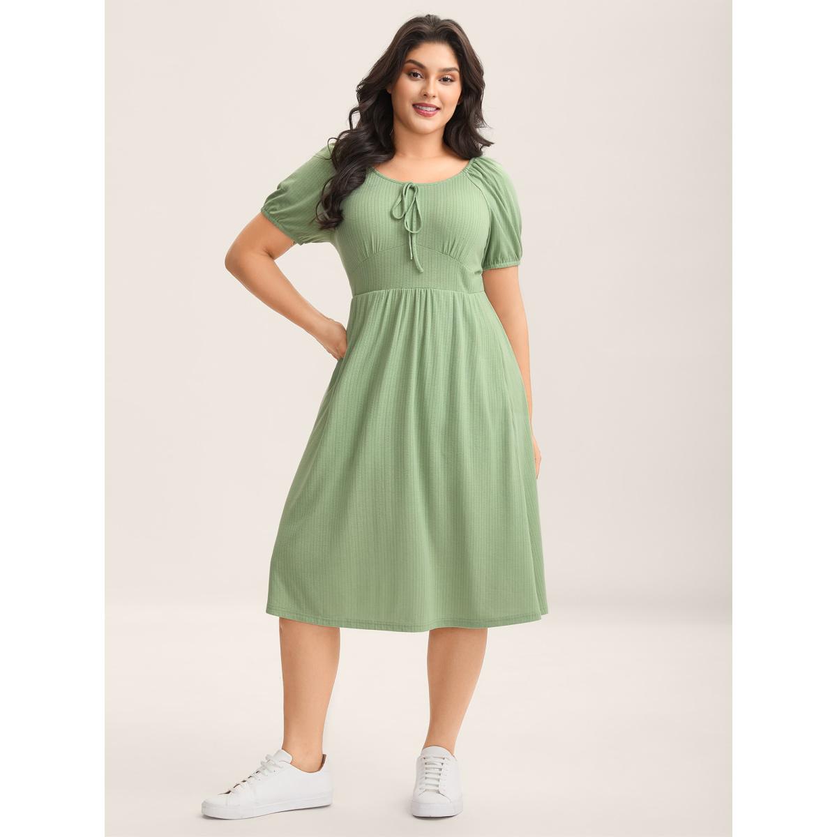 Plus Size Knit A-Line Cinched Waist Midi Dress Sage Women Square Neck Short sleeve Curvy BloomChic 14-16/1X Product Image