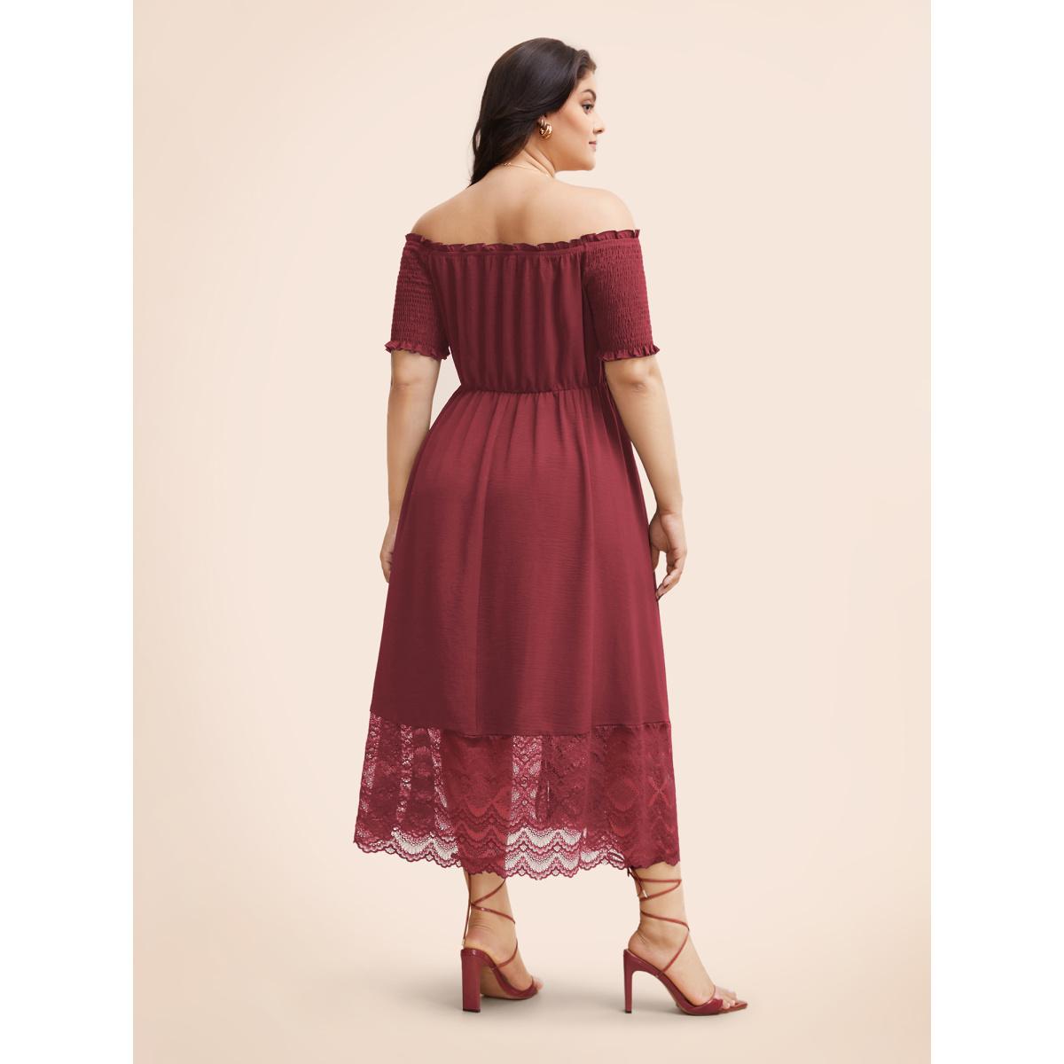 Plus Size Off Shoulder Shirred Lace Patchwork Dress Burgundy Women Elegant Woven ribbon&lace trim One-shoulder neck Short sleeve Curvy BloomChic 28/5X Product Image