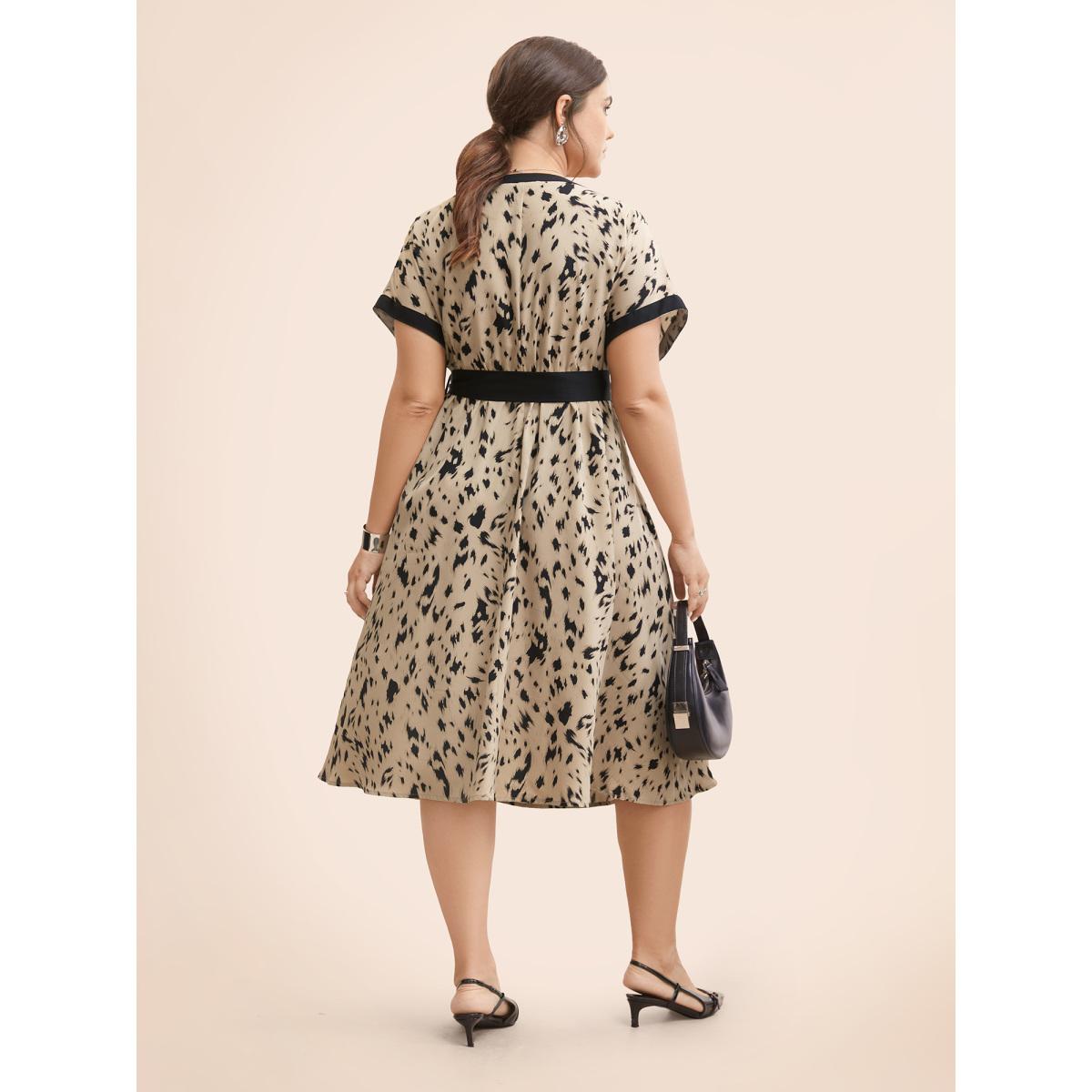 Plus Size Leopard Print Contrast Trim Dolman Sleeve Dress Leopard Women At the Office Belted Round Neck Short sleeve Curvy BloomChic 10/M Product Image