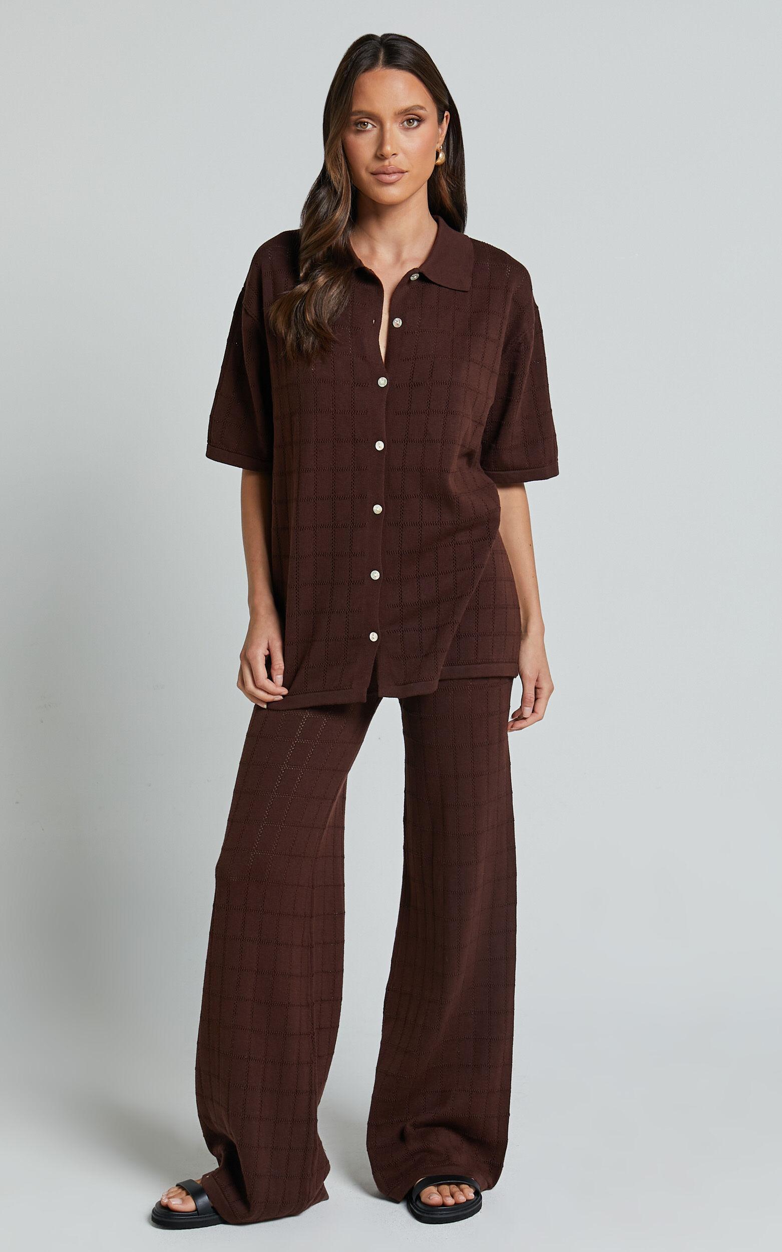 Tommy Two Piece Set - Knit Button Through Top and Pants Two Piece Set in Chocolate Product Image