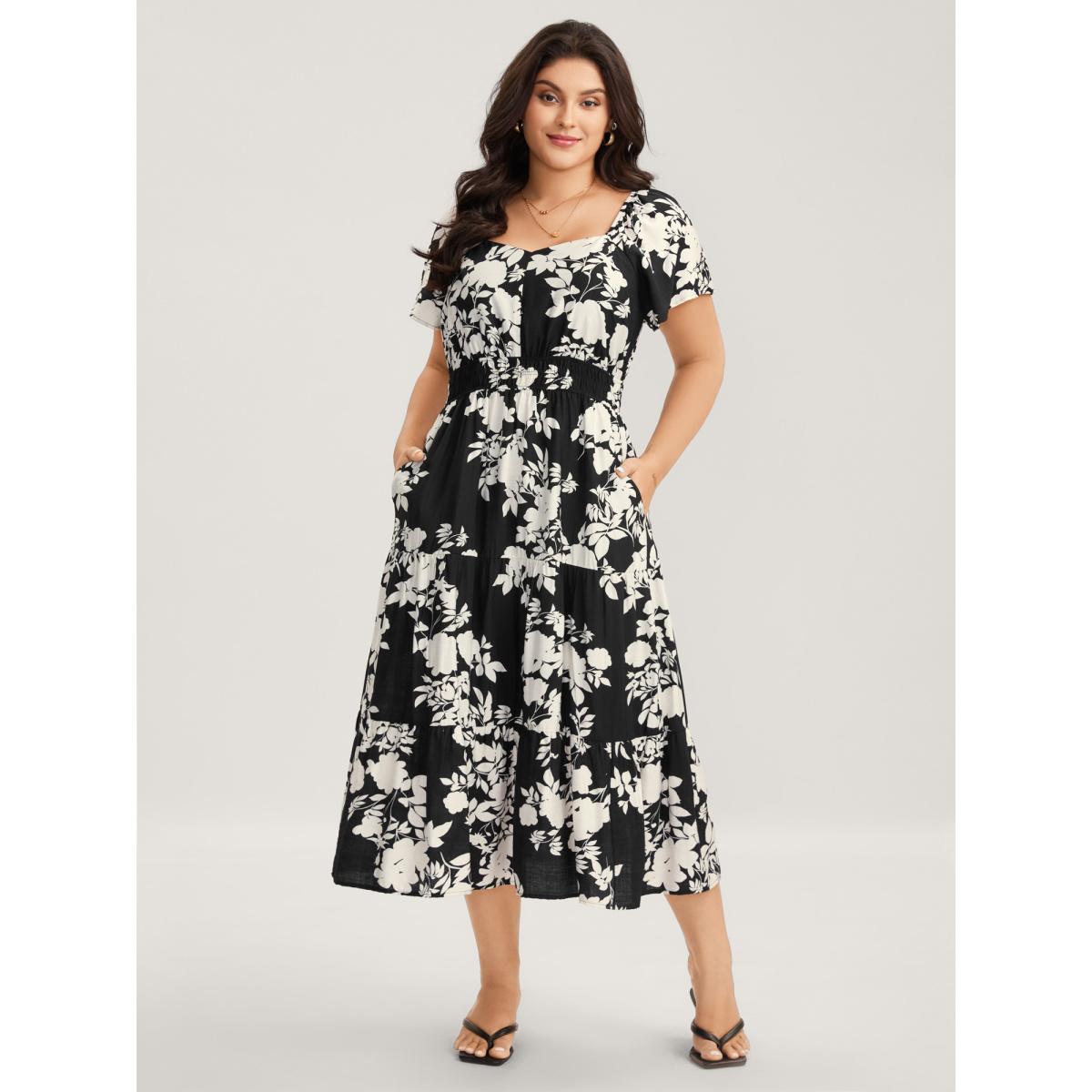 Plus Size Floral Double Stretchy Waist Midi Dress Black Women Heart neckline Short sleeve Curvy BloomChic 12/L Product Image