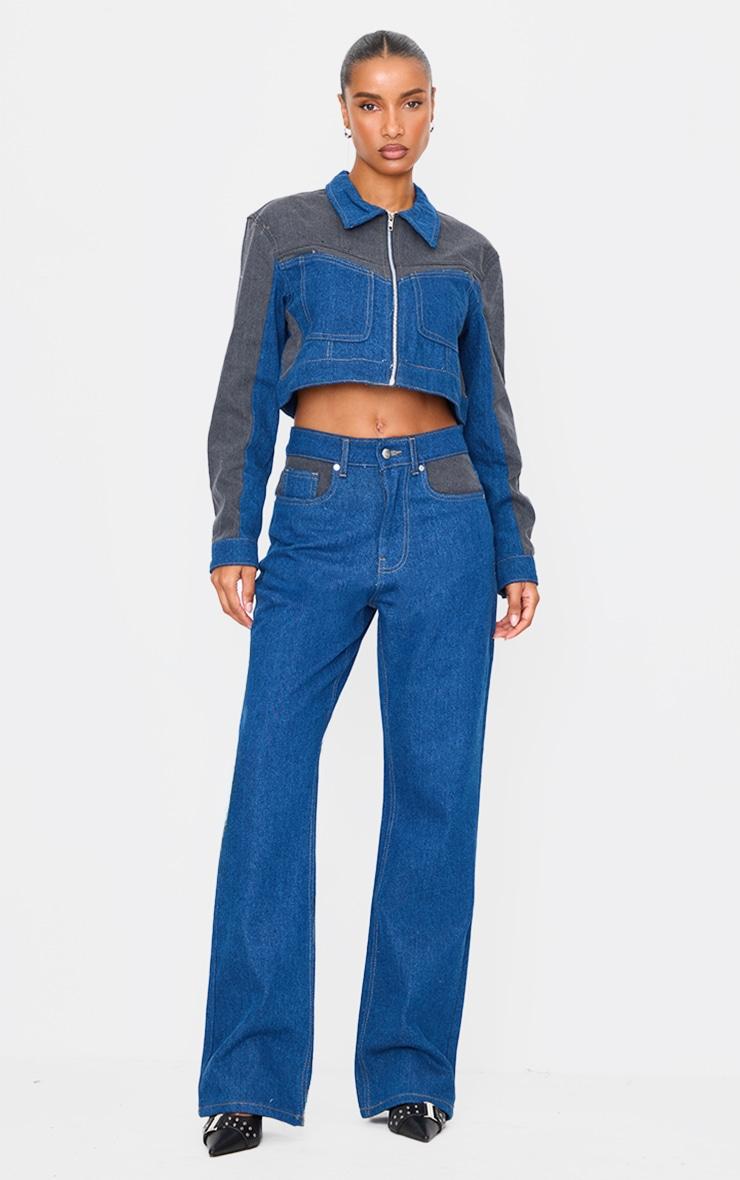 Dark Blue And Black Contrast Panel Cropped Denim Jacket Product Image