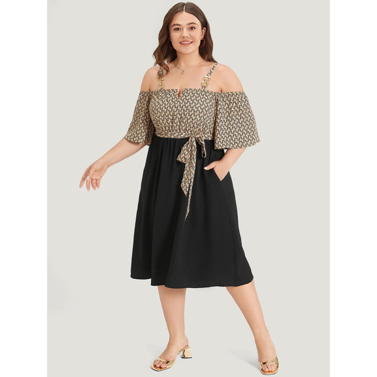 Plus Size Geometric Patchwork Pocket Belted Cold Shoulder Dress Tan Women Office Adjustable Straps Keyhole Cut-Out Half Sleeve Curvy Knee Dress BloomChic 14-16/1X Product Image