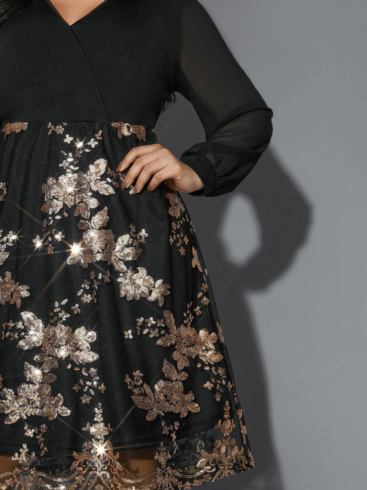 Sequin Overlap Collar Sheer Sleeve Lined Dress Female Product Image