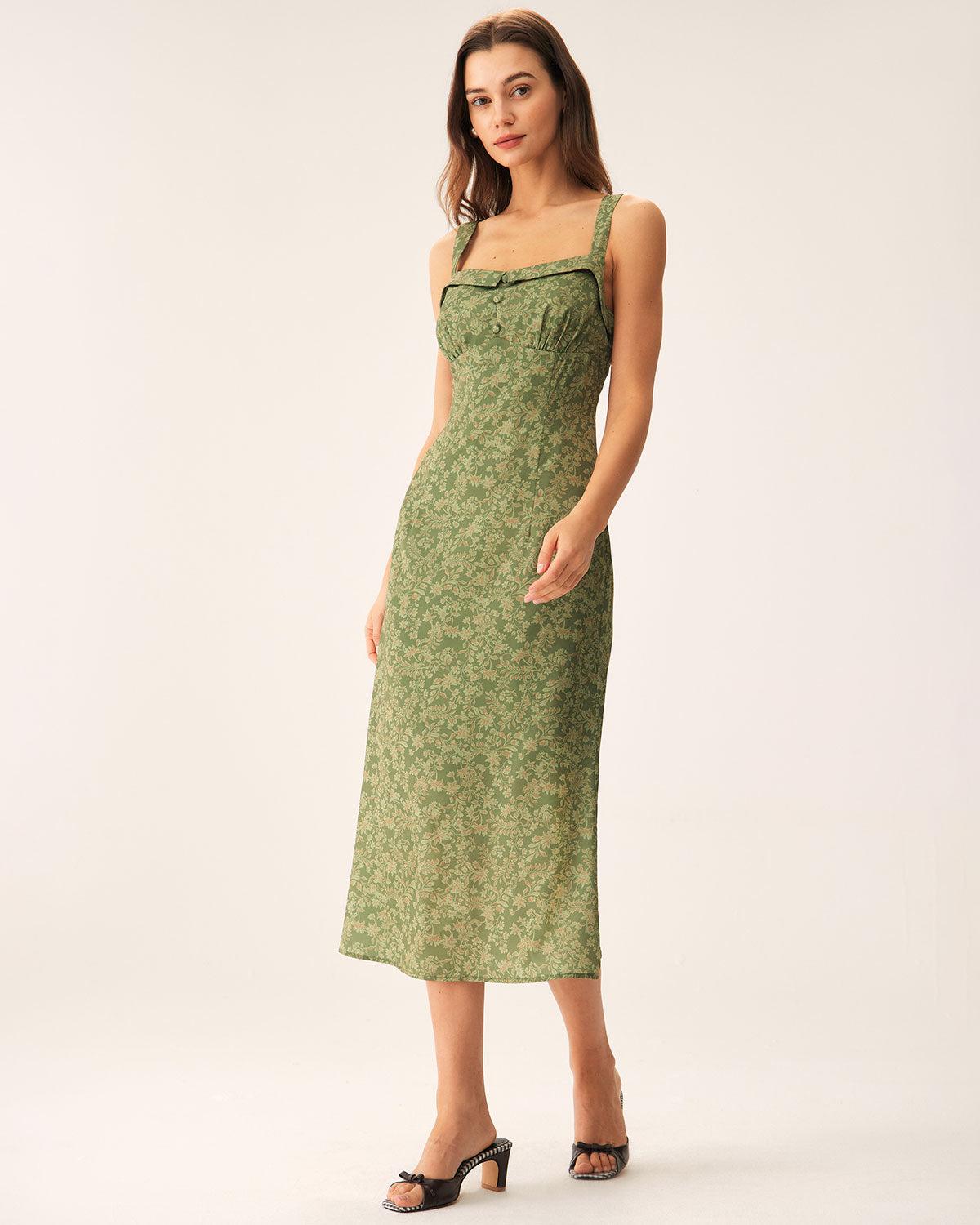 Green Floral Square Neck Slip Midi Dress Product Image